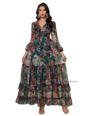 Women's Floral Maxi Dress Long Sleeve V-Neck Boho Casual Wedding Guest